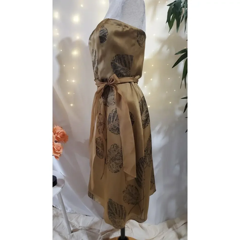 Talbots Vtg 100% Silk Leaf Tie Waist Strapless Dress Womens Size 10 Gold Beige